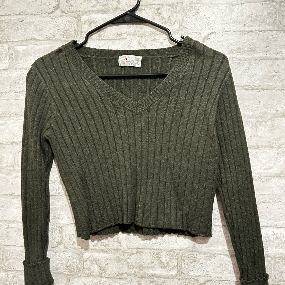 Poof! Classic Knit V-Neck Sweater in Forest Green